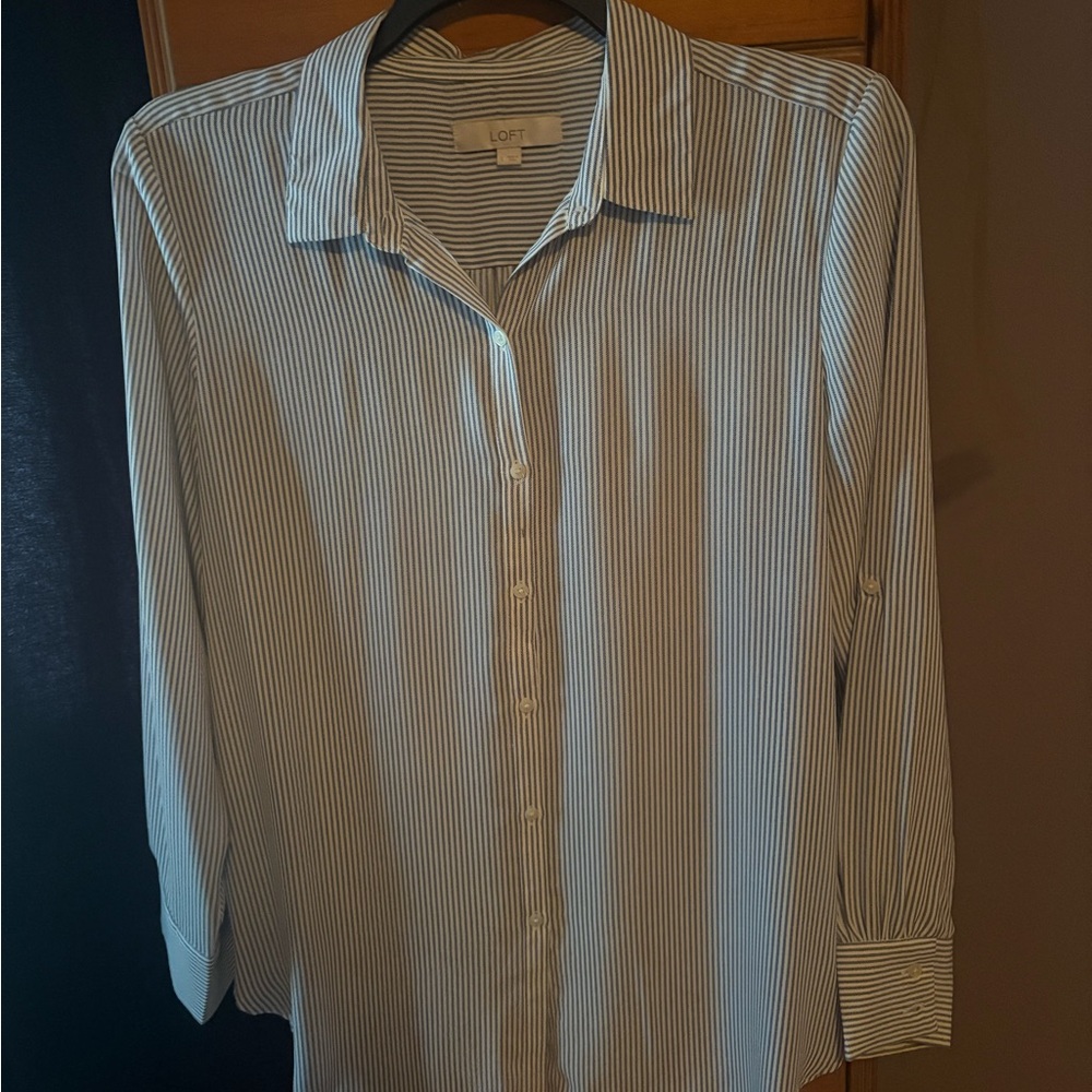 LOFT Women's Blue Striped Shirt, Size L